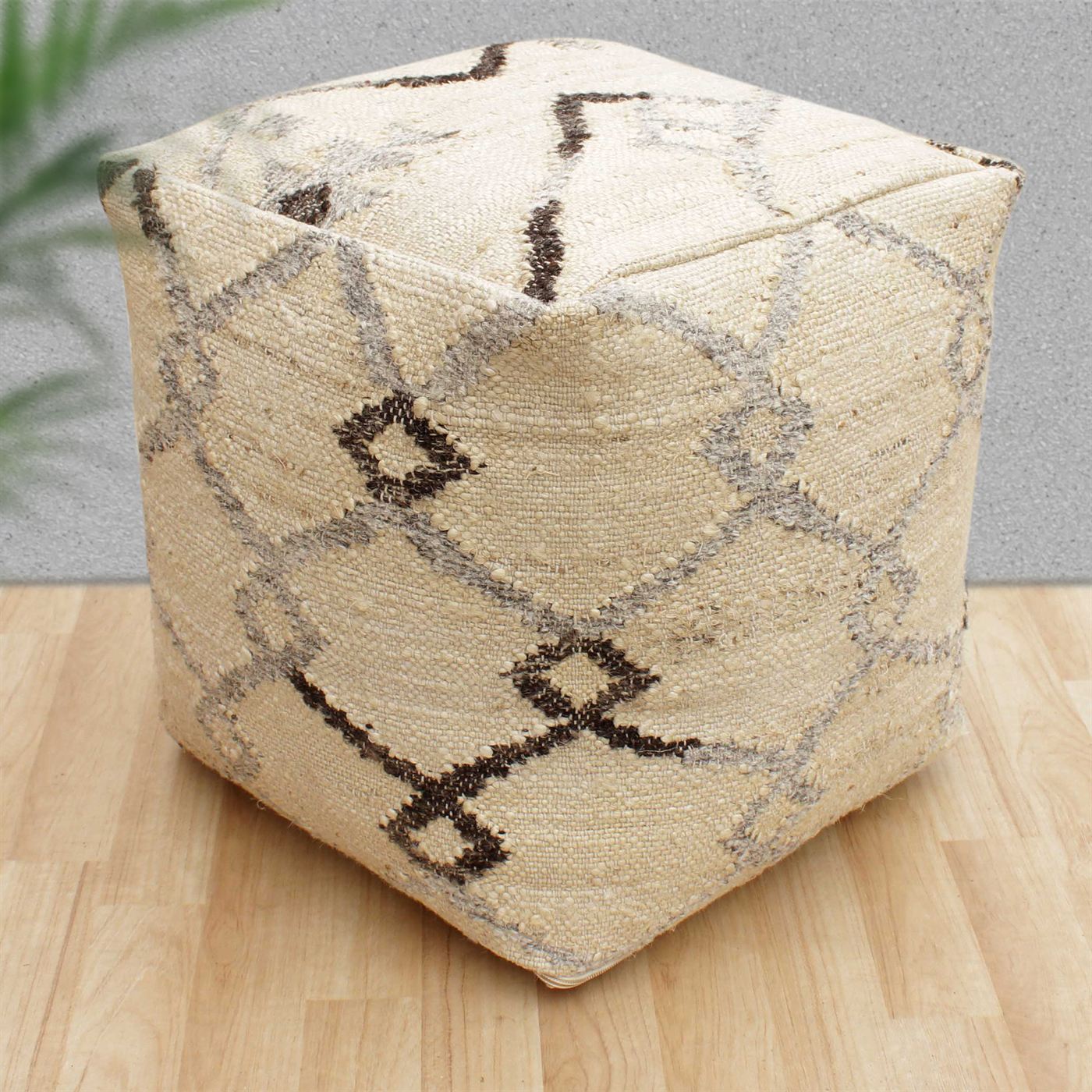 Tanith Pouf, Jute/ Wool, Natural White/ Grey, Punja, Flat Weave