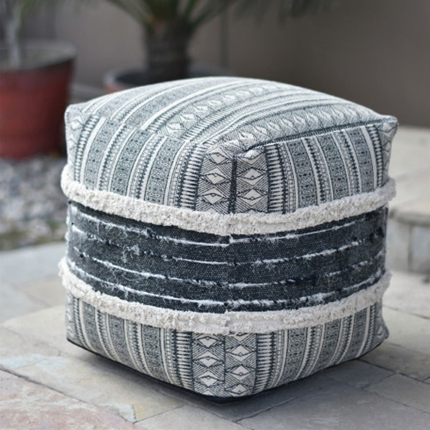 Terova Pouf, Cotton/ Printed/ Polyester, Grey/ Charcoal