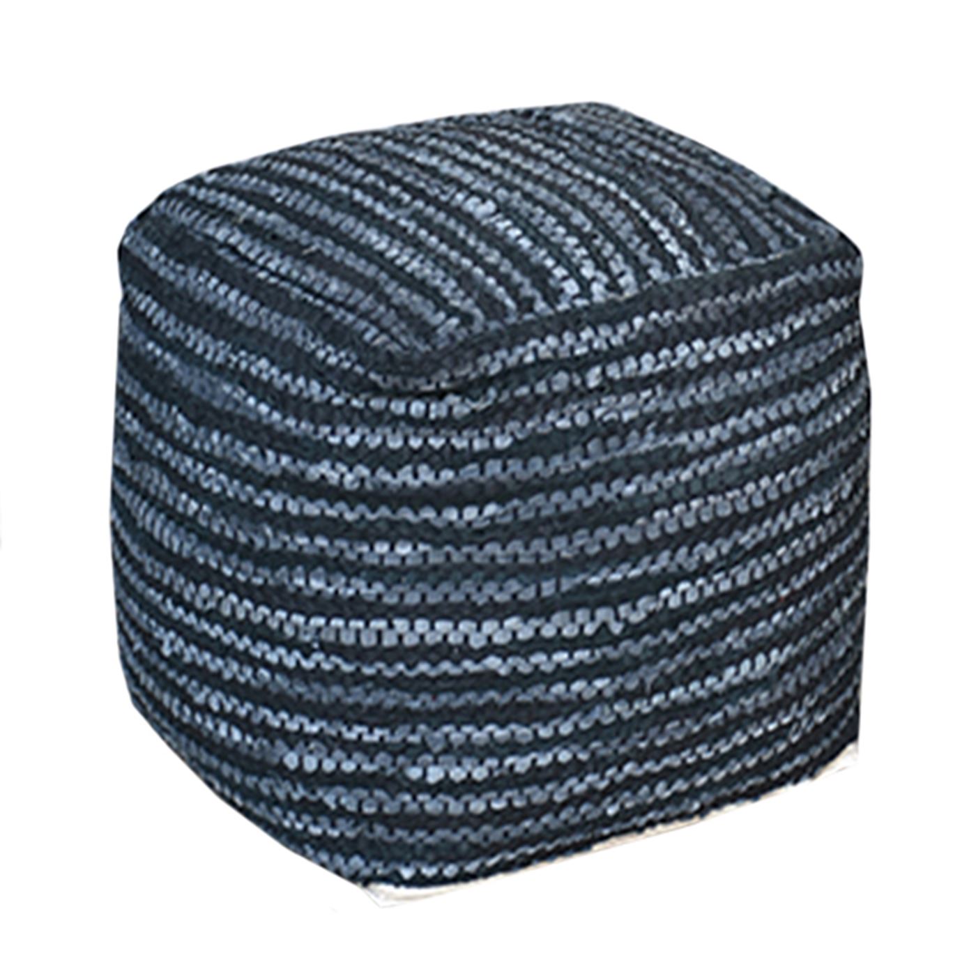 Tierra Pouf, Leather, Charcoal, Pitloom, Flat Weave