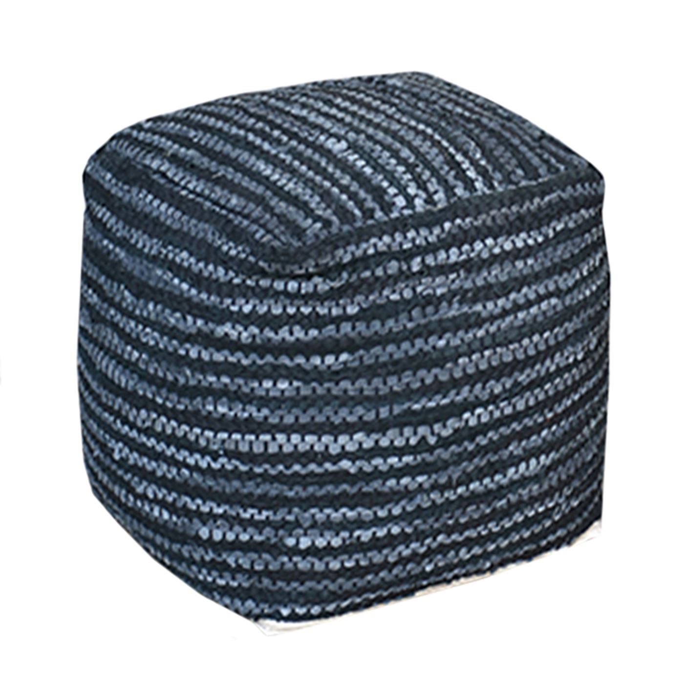 Tierra Pouf, Leather, Charcoal, Pitloom, Flat Weave 