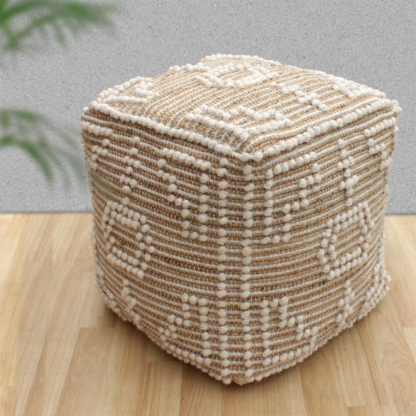Verla Pouf, Jute/ Wool, Natural/ Natural White, Pitloom, All Loop