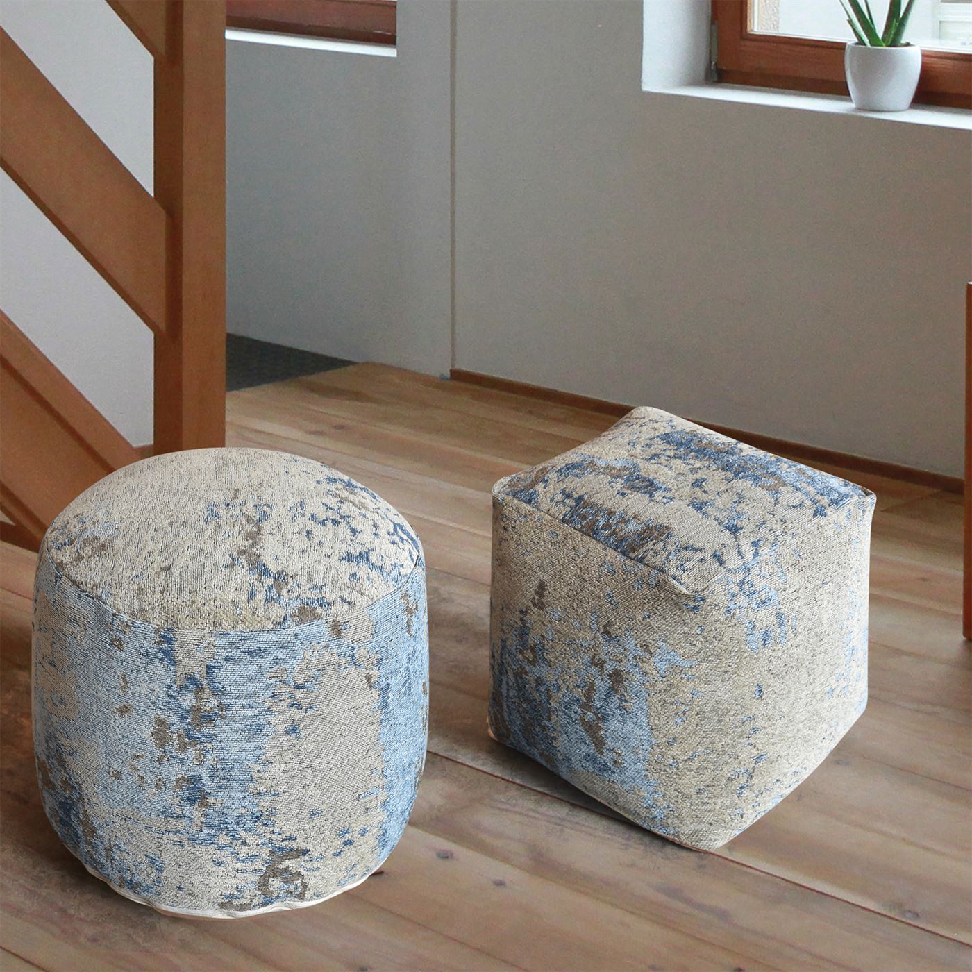 Volans Pouf, Cotton Chenille, Beige/ Blue