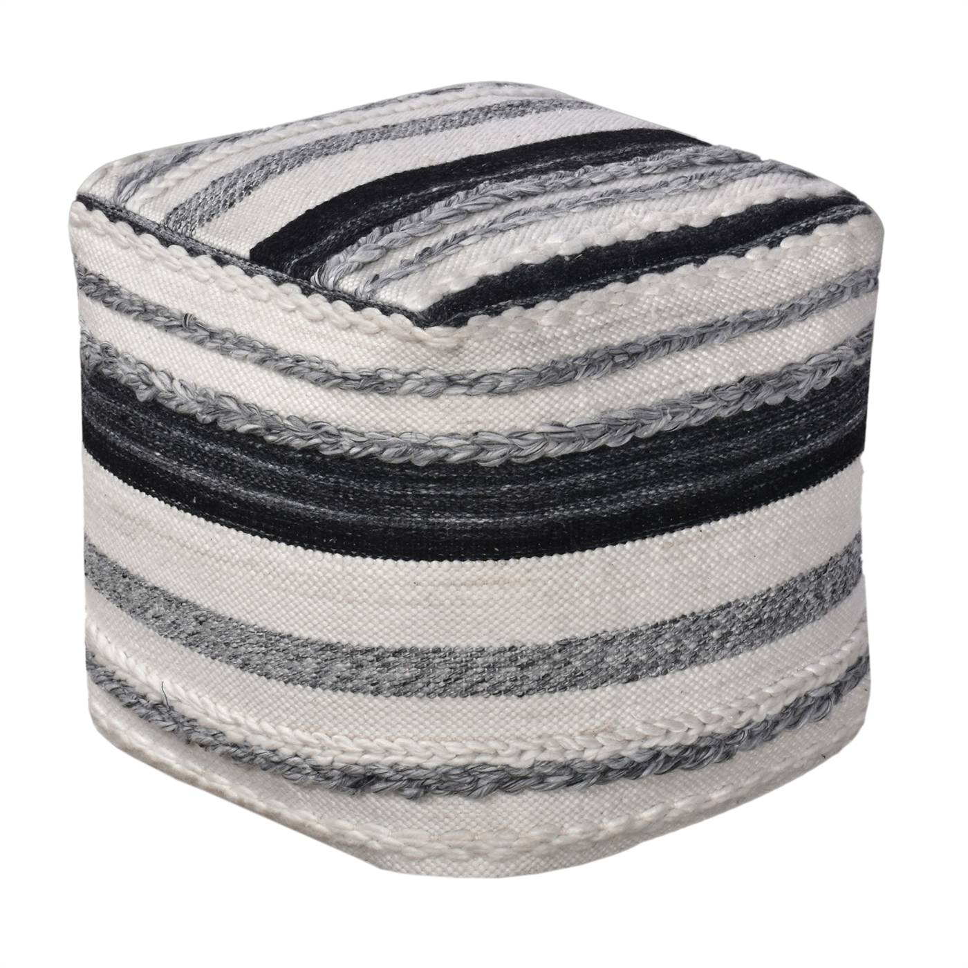 Willis Pouf, 40x40x40 cm, Natural White, Grey, PET, Hand Woven, Pitloom, Flat Weave