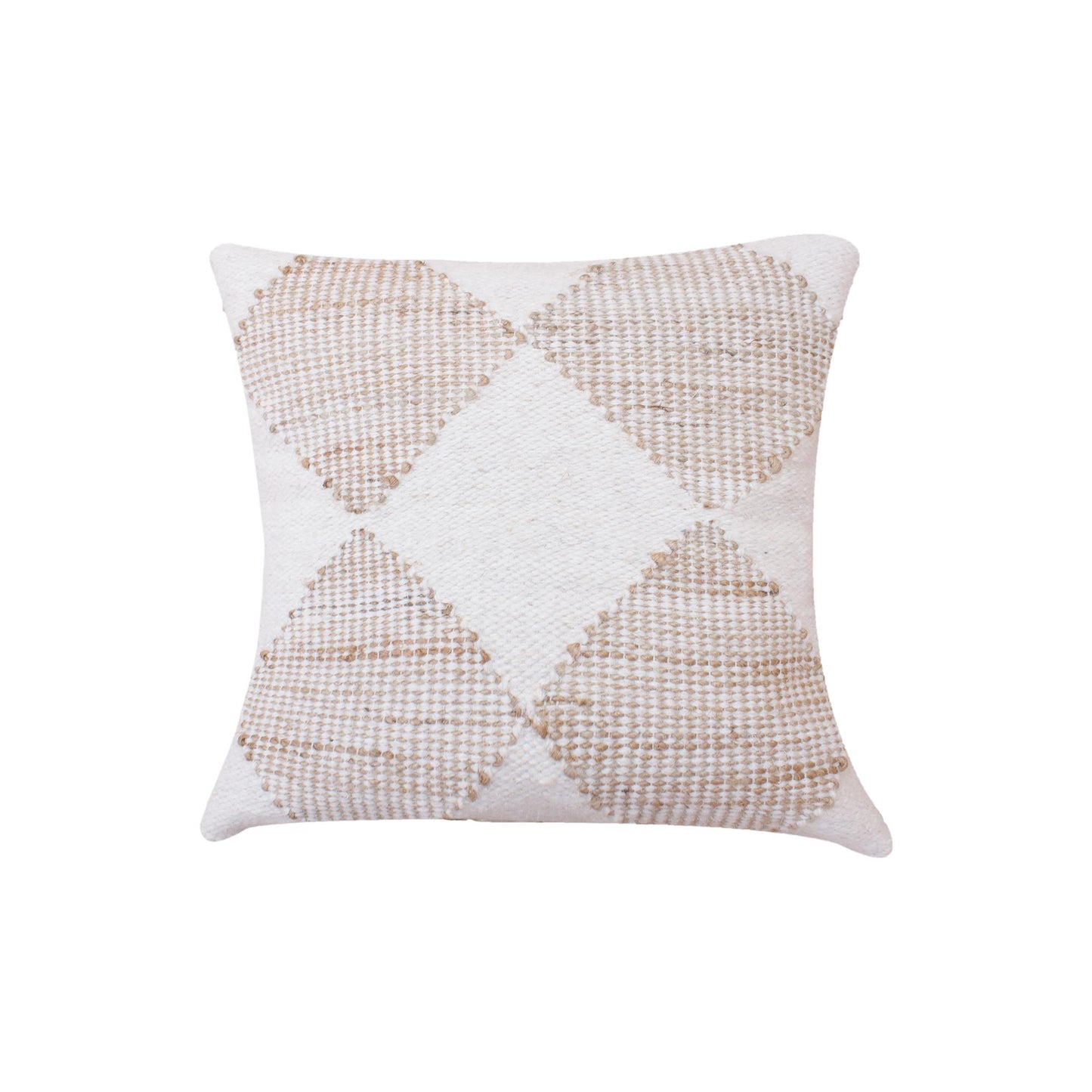 Hand woven jute and wool cushion with ivory and natural diamond pattern.