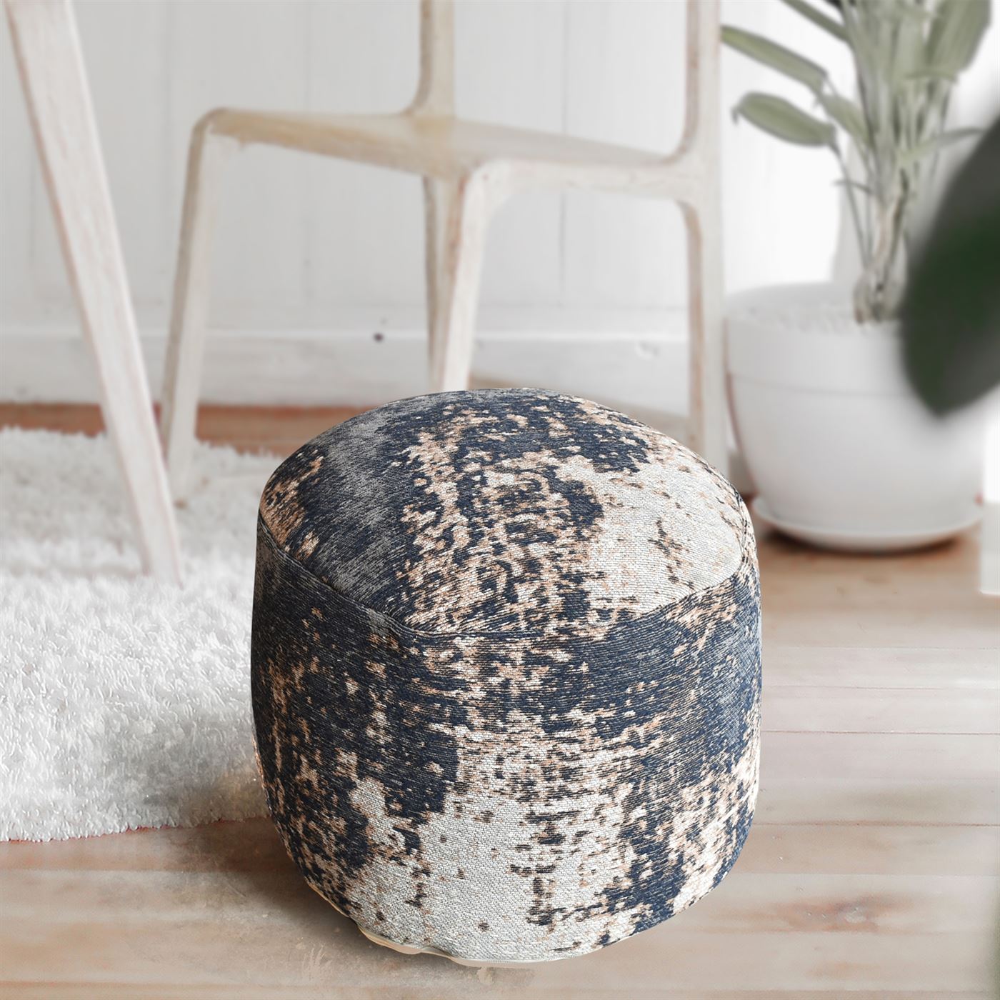 Zakin Pouf, Cotton Chenille, Grey/ Beige, Jaquard Durry, Flat Weave