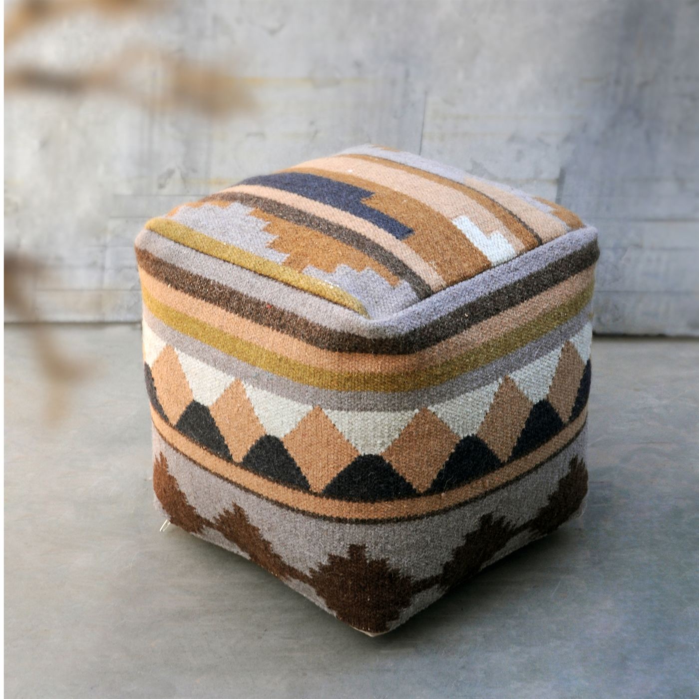Zion - 3 Pouf, Wool, Multi, Punja, Flat Weave