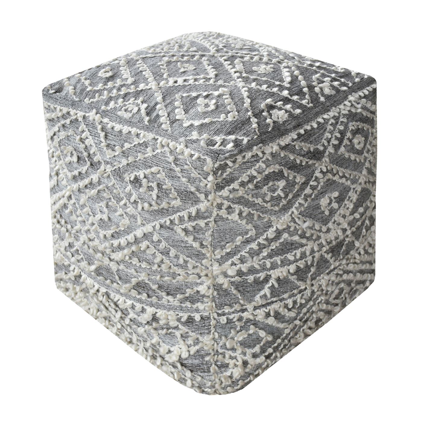 Zivon Pouf, Wool/ Viscose/ Pet, Silver, Jaquard Durry, Flat Weave 