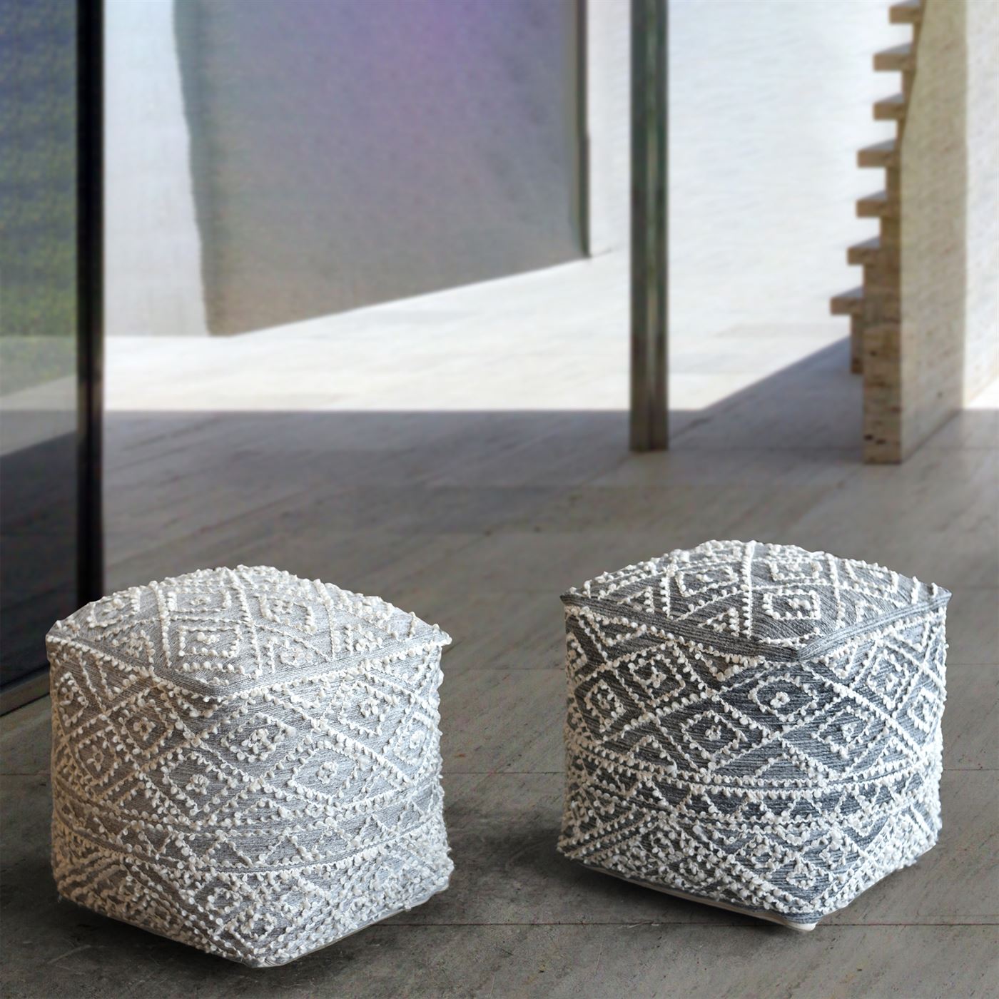 Zivon Pouf, Wool/ Viscose/ Pet, Jaquard Durry, Flat Weave