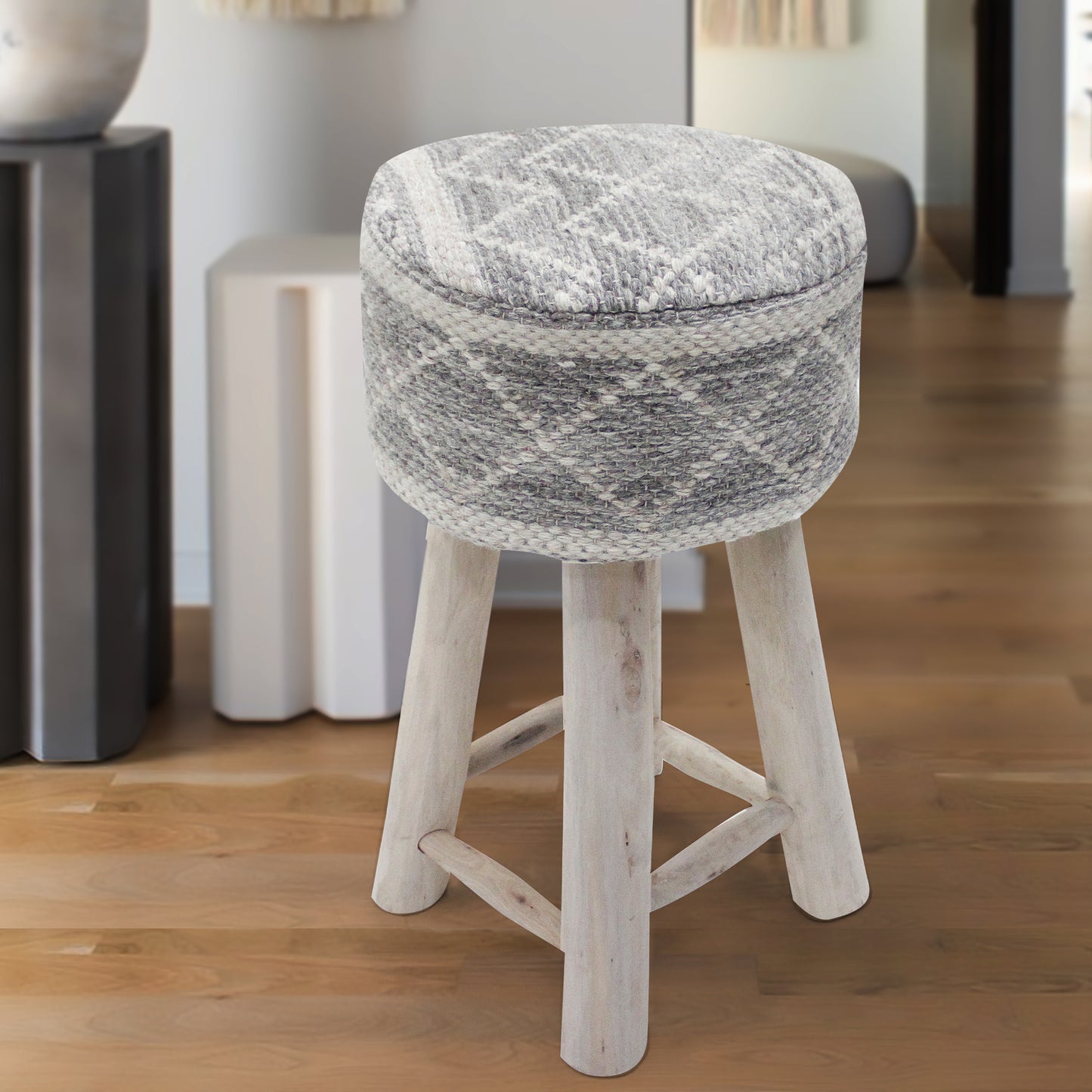 Naranja Bar Stool, 40x40x70 cm, Grey, Natural White, Wool, Hand Woven, Pitloom, Flat Weave 