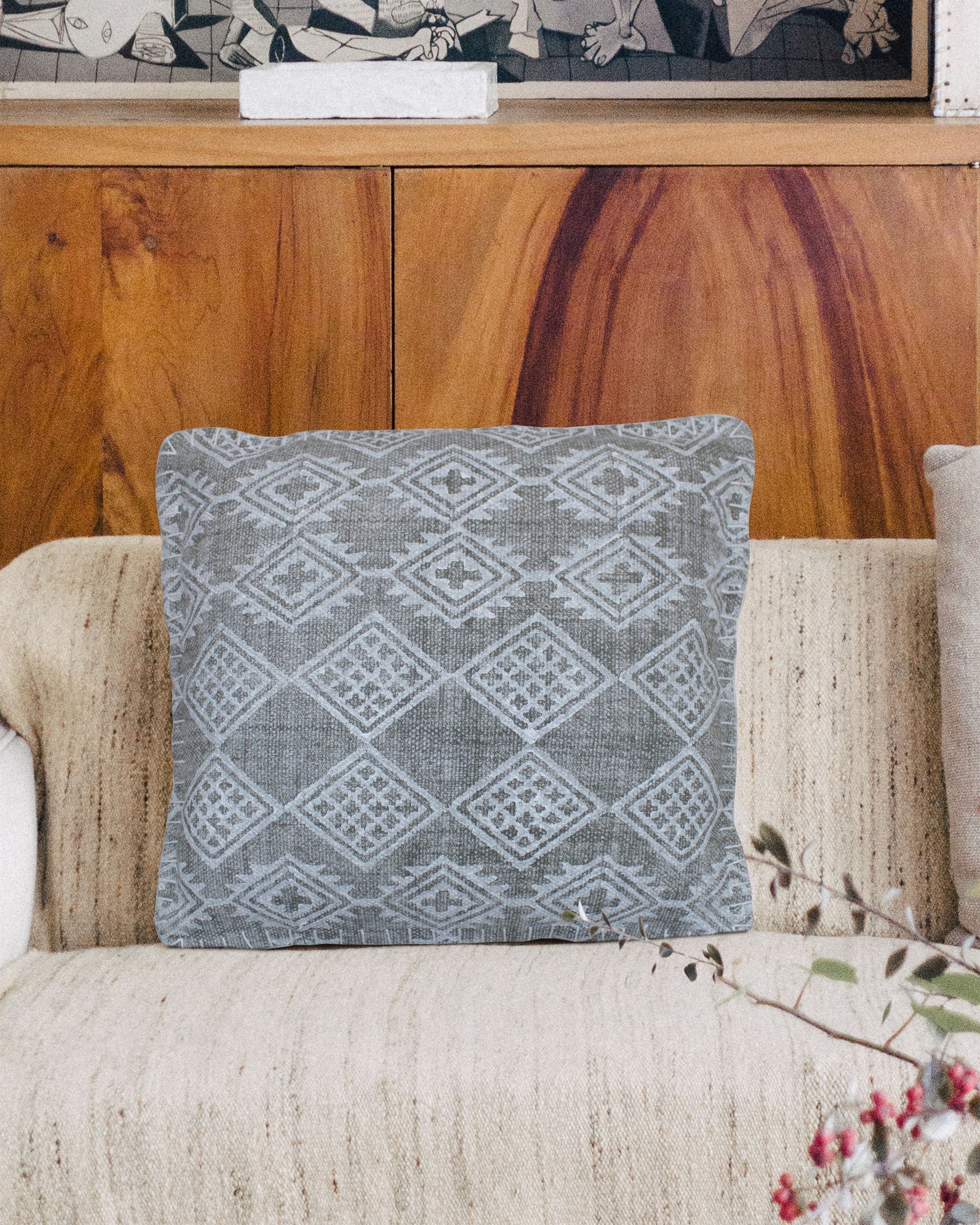 Besra Pillow, Cotton, Printed, Khaki, 