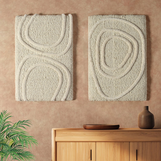 AHDIN WALL ART AND BOSTAK WALL ART - IVORY - HAND WOVEN / OVER TUFTED - WOOL & MDF