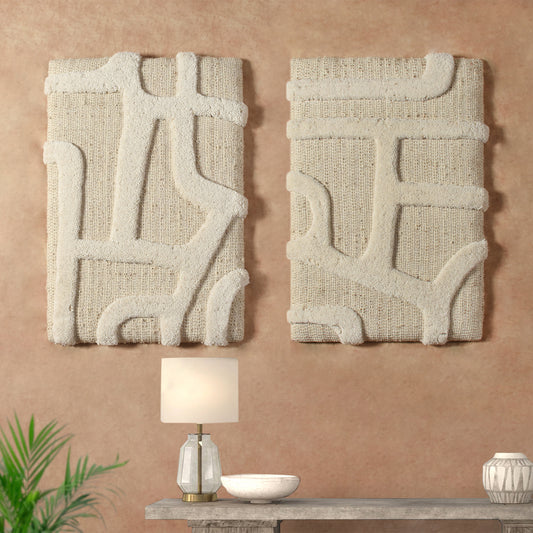 ELONTI WALL ART AND HUVILA WALL ART - BEIGE/IVORY- HAND WOVEN / OVER TUFTED - WOOL & MDF