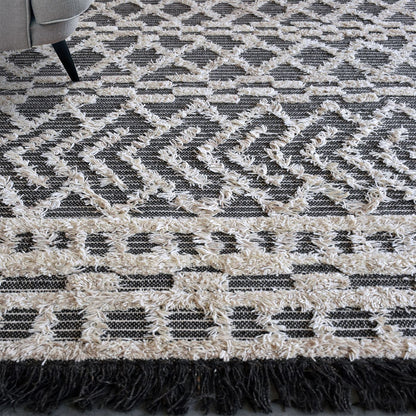 Area Rug, Bedroom Rug, Living Room Rug, Living Area Rug, Indian Rug, Office Carpet, Office Rug, Shop Rug Online, Wool, Charcoal, Natural White, Pitloom, All Cut , Geometrical