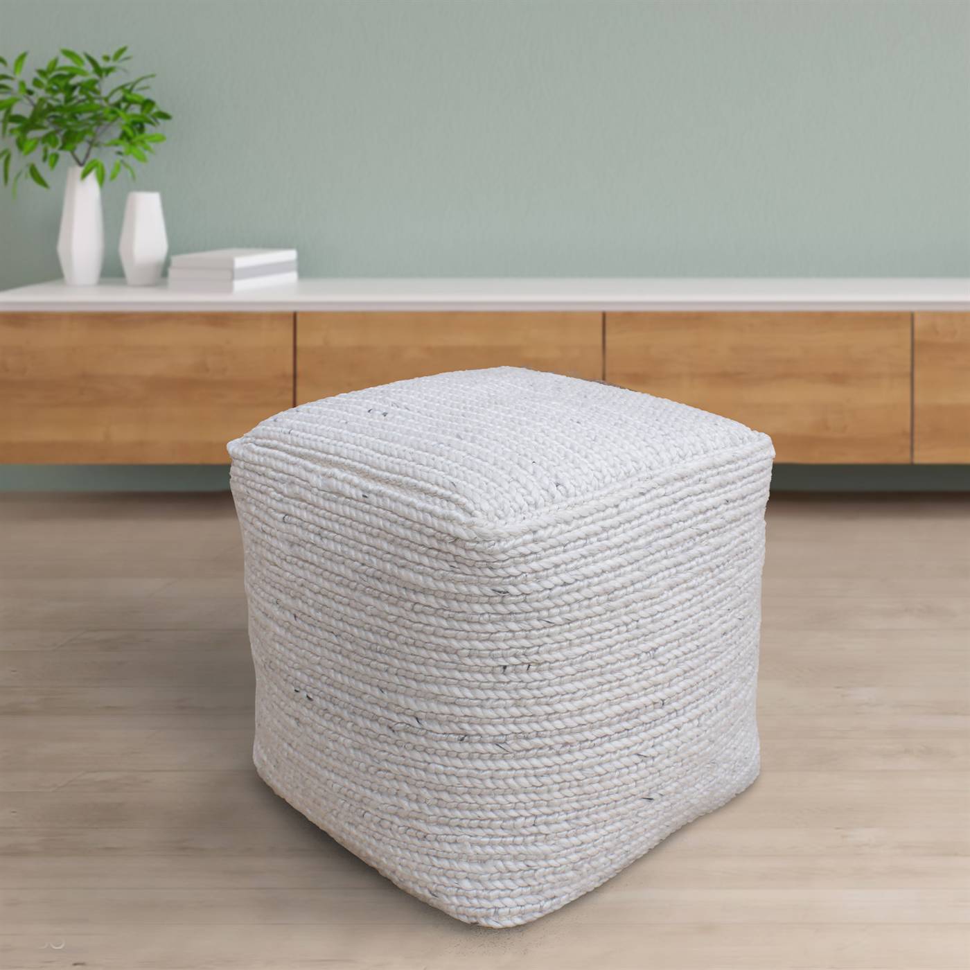 Abingdon-II Pouf, 40x40x40 cm, Natural White, PET, Hand Woven, Pitloom, All Loop