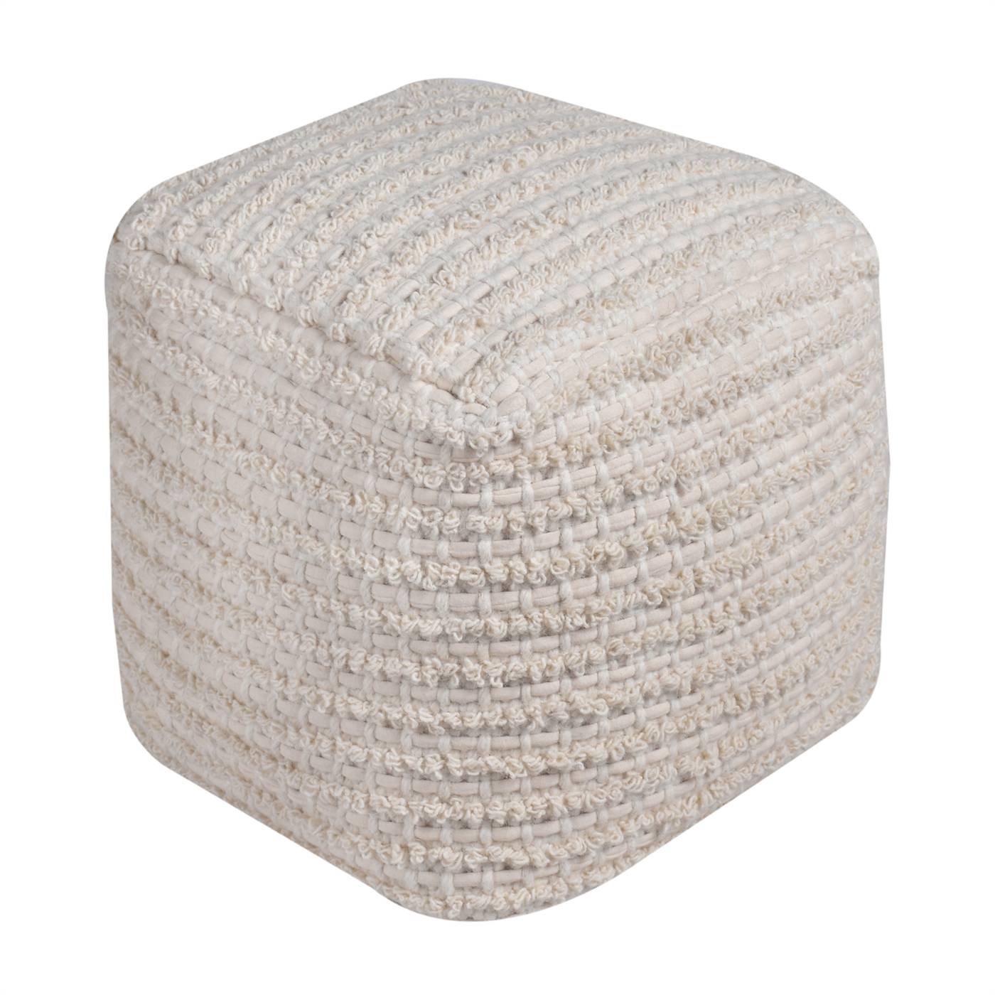 Adonis Pouf, 40x40x40 cm, Natural White, Wool, Cotton, Hand Woven, Pitloom, All Loop