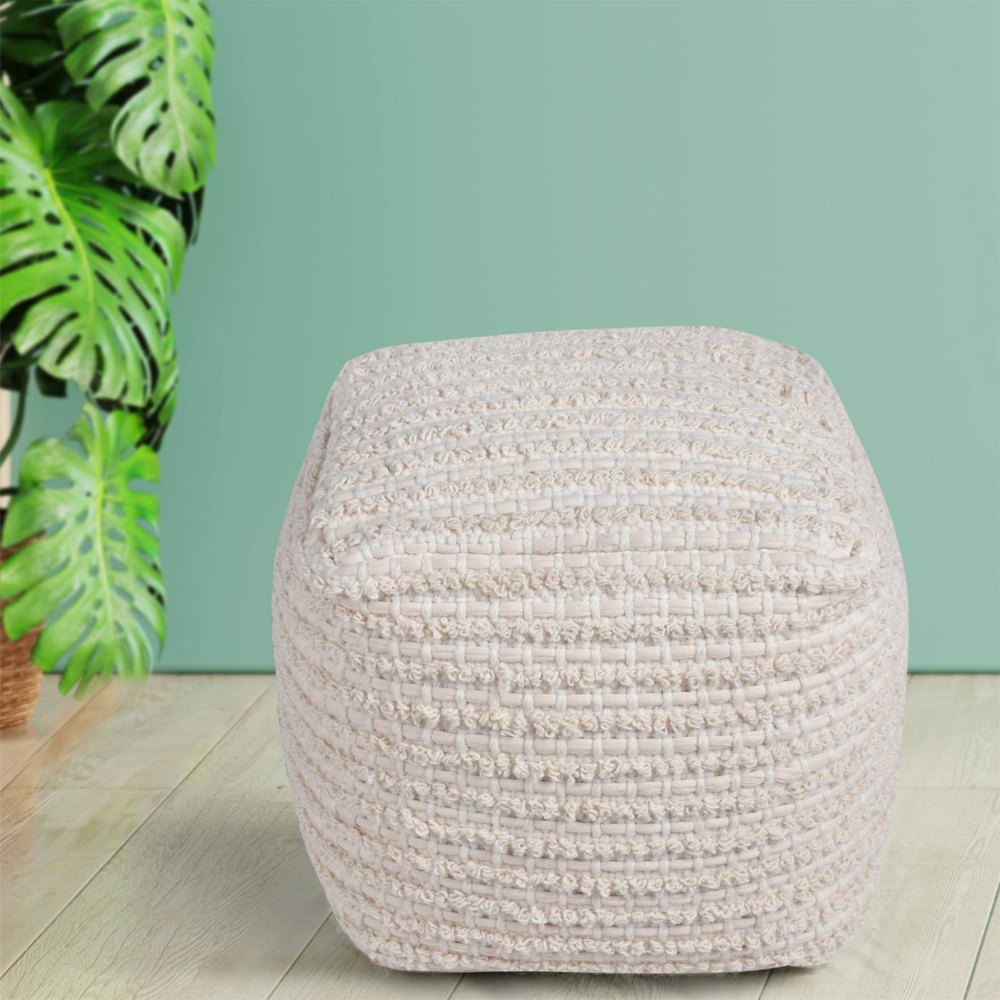 Adonis Pouf, 40x40x40 cm, Natural White, Wool, Cotton, Hand Woven, Pitloom, All Loop
