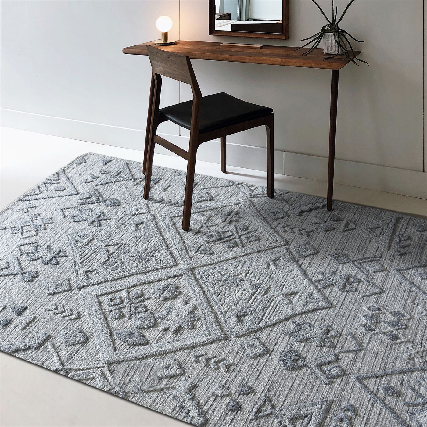 Area Rug, Bedroom Rug, Living Room Rug, Living Area Rug, Indian Rug, Office Carpet, Office Rug, Shop Rug Online, Wool, Viscose Blend, Grey, Hand woven, All Loop, Diamond