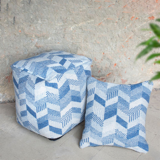 Akola Pouf, Pet, Blue, Jaquard Durry, Flat Weave