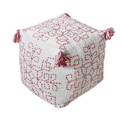 Aldama Pouf, Cotton, Wool, Natural White,Red, Hm Stitching, Flat Weave