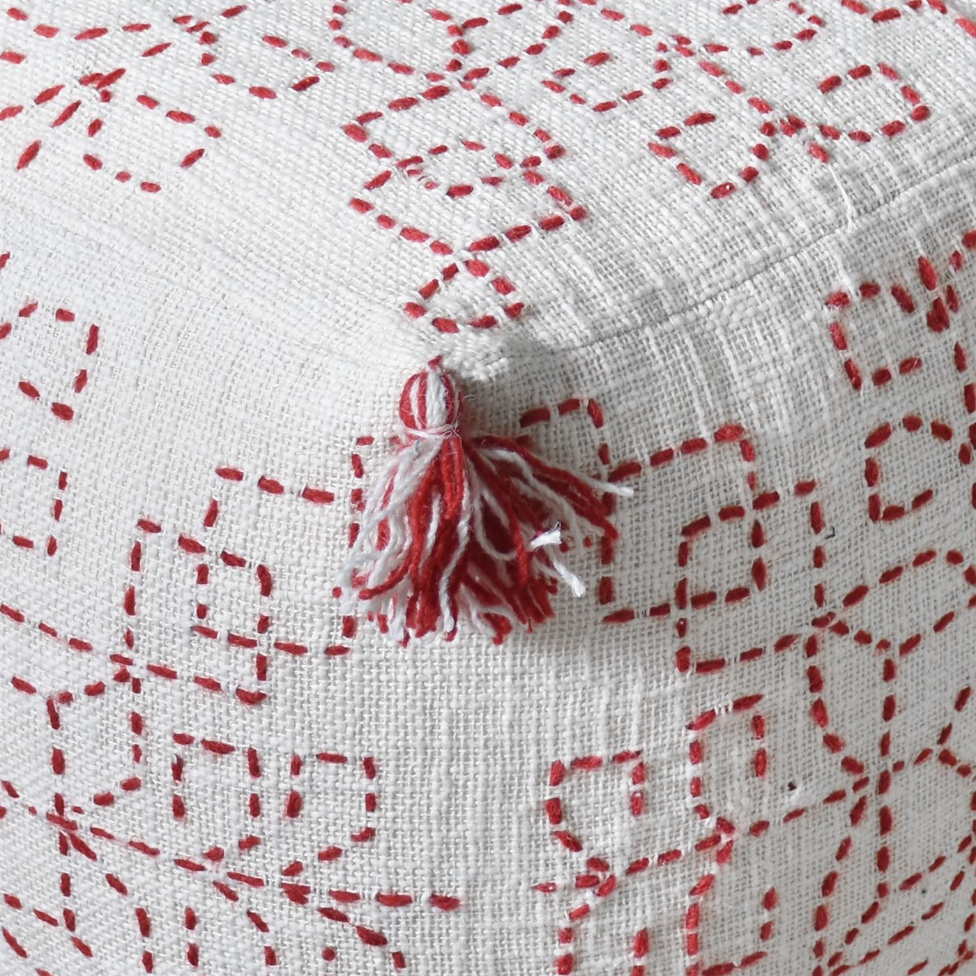Aldama Pouf, Cotton, Wool, Natural White,Red, Hm Stitching, Flat Weave