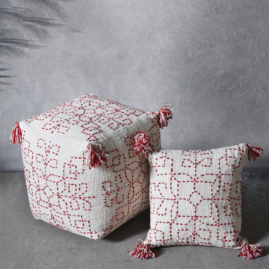 Aldama Pouf, Cotton, Wool, Natural White,Red, Hm Stitching, Flat Weave