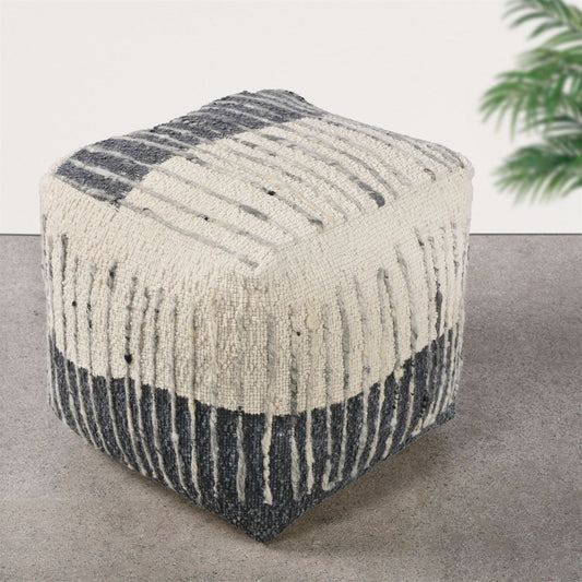 Alivia Pouf, Wool, Natural White, Grey, Hand Woven, All Loop