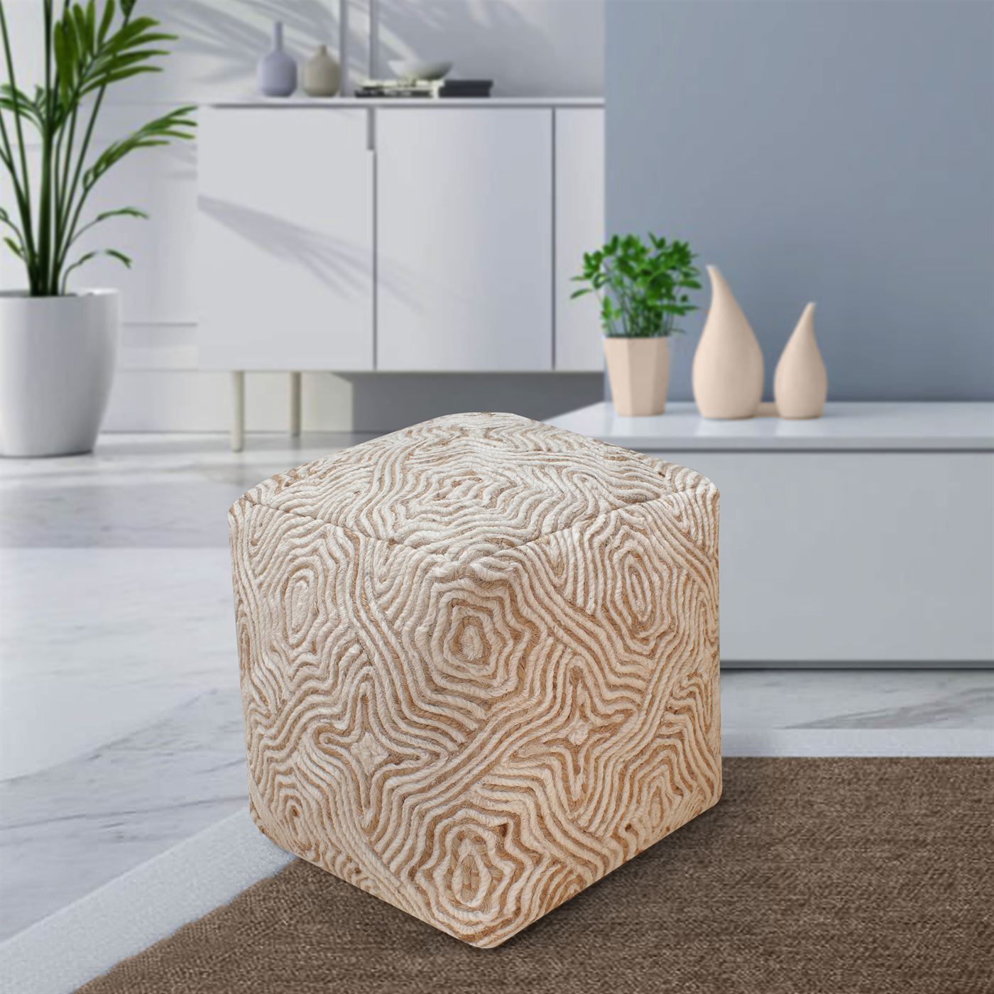 Almaty Pouf, Jute, Wool, Natural, Natural White, Hm Stitching, Flat Weave