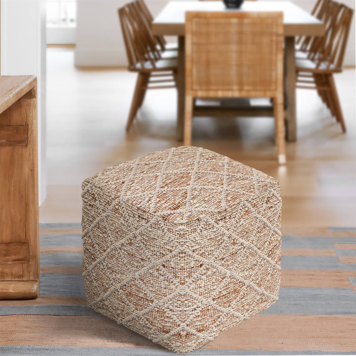 Ambler Pouf, 40x40x40 cm, Natural, Natural White, Wool, Jute, Punja Kelim, Punja, Flat Weave