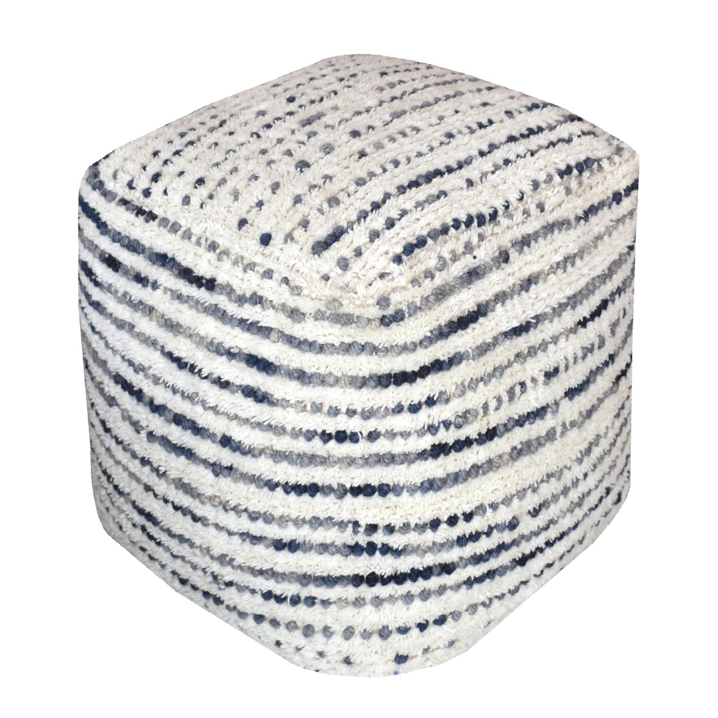Amorica Pouf, Wool, Blue, Hand Woven, Cut And Loop
