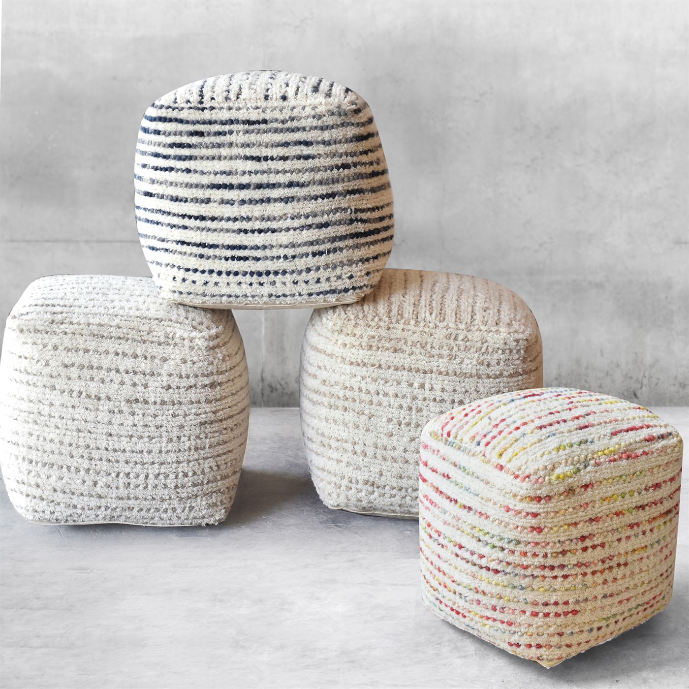 Amorica Pouf, Wool, Hand Woven, Cut And Loop