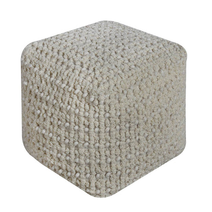 Armaga Pouf, 40x40x40 cm, Natural White, Wool, Hand Woven, Pitloom, All Loop