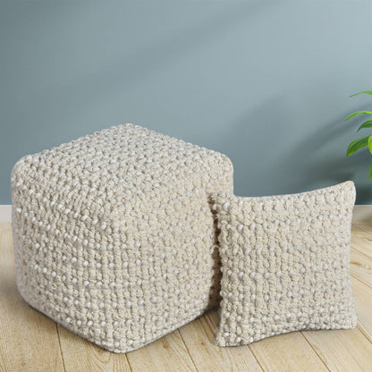 Armaga Pouf, 40x40x40 cm, Natural White, Wool, Hand Woven, Pitloom, All Loop