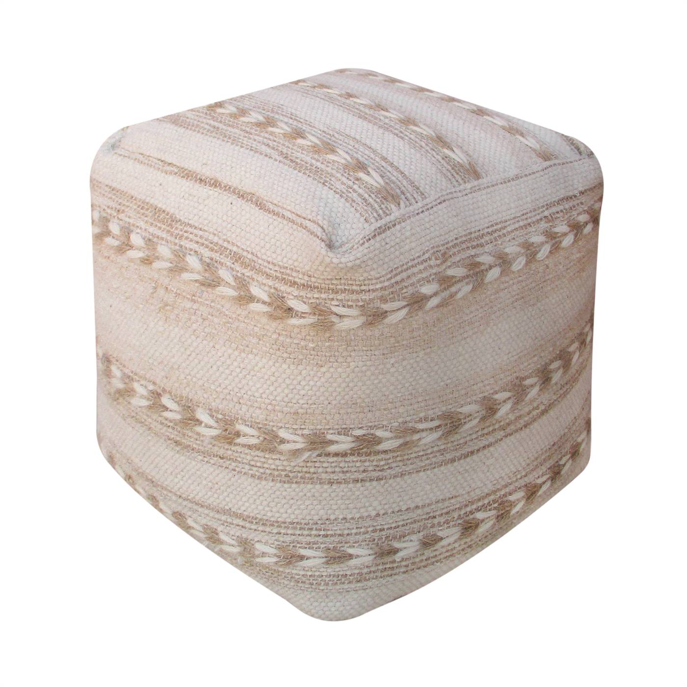 Arsanio Pouf, 40x40x40 cm, Natural White, Beige, Wool, Hand Woven, Pitloom, Flat Weave