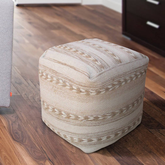 Arsanio Pouf, 40x40x40 cm, Natural White, Beige, Wool, Hand Woven, Pitloom, Flat Weave