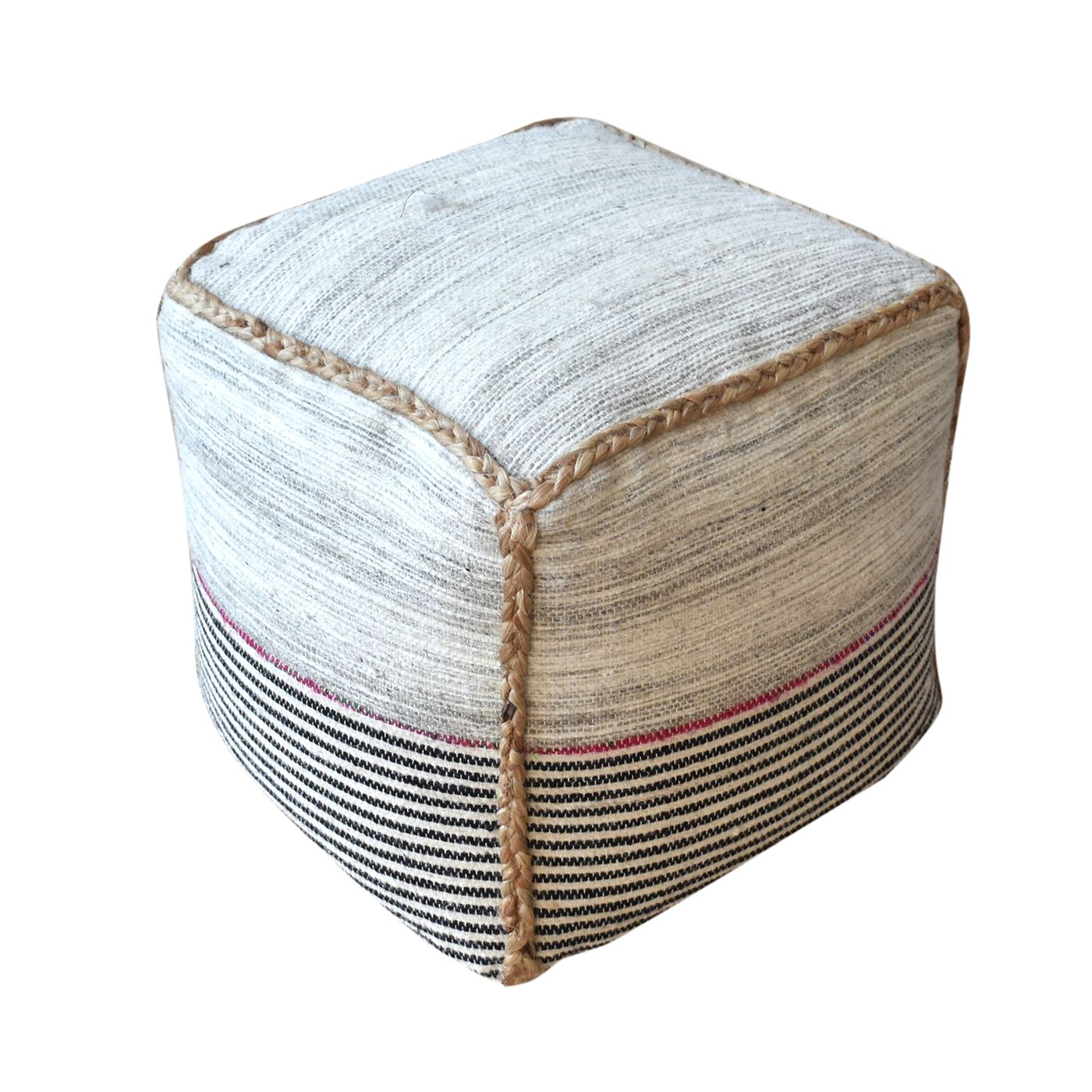 Arta Pouf, Hemp, Wool, Recycled Fabric, Natural, Charcoal, Multi, Pitloom, Cut And Loop