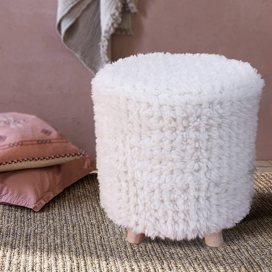 Arthur Round Stool, 45x45x50 cm, Natural White, NZ Wool, Table Tufted, Bm Sn, All Cut