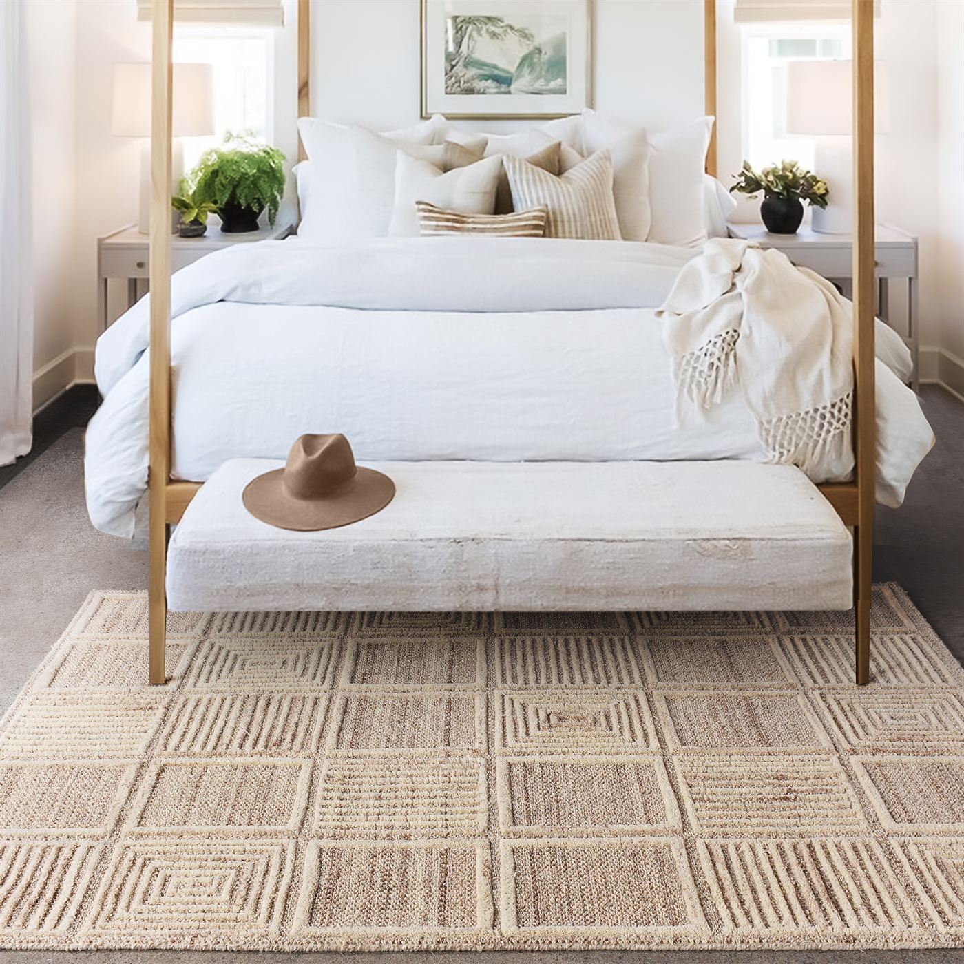 Area Rug, Bedroom Rug, Living Room Rug, Living Area Rug, Indian Rug, Office Carpet, Office Rug, Shop Rug Online, Wool, Natural White, Beige, Hand woven, Cut And Loop, geometric 