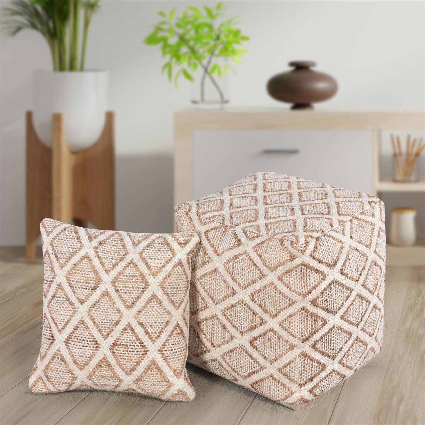 Aterno Pouf, 40x40x40 cm, Natural, Natural White, Jute, Wool, Hand Woven, Pitloom, Flat Weave