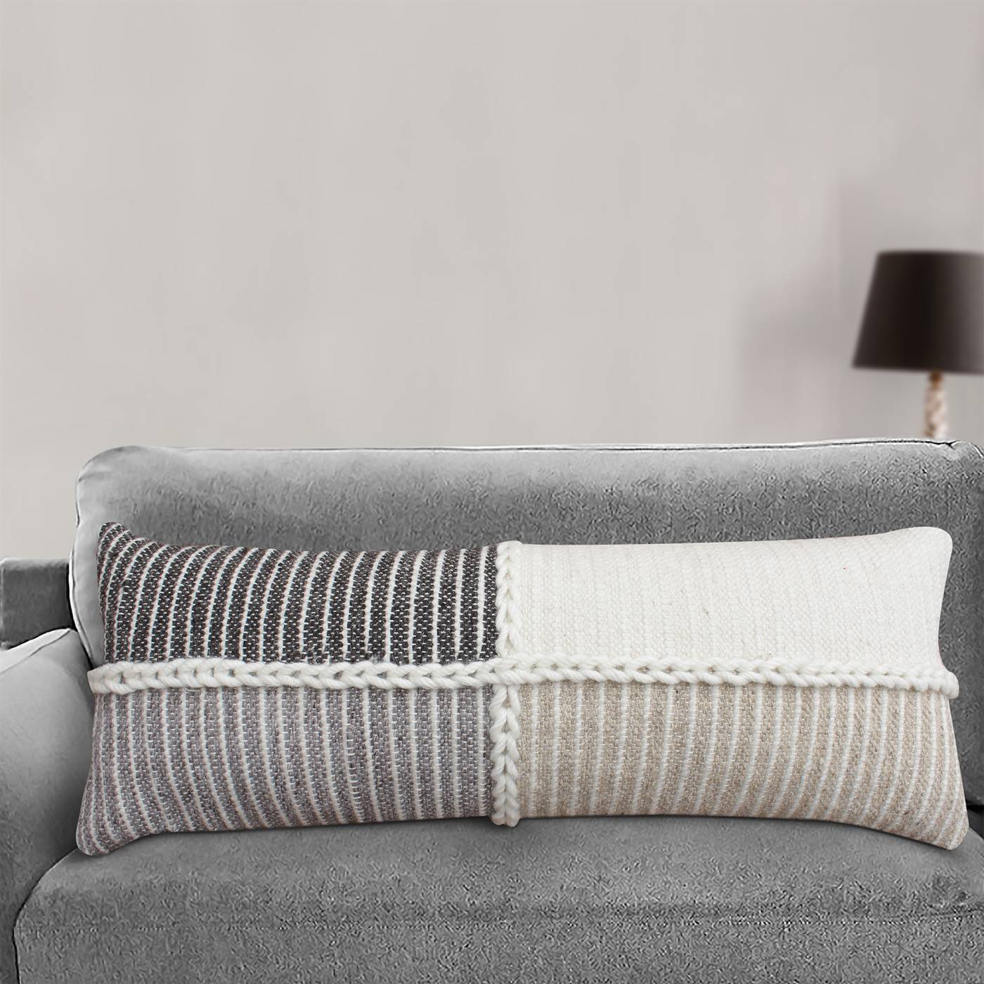 Atkinson Lumber Cushion, 36x91 cm, Natural White, Grey, Beige, Wool, Hand Woven, Pitloom, Flat Weave