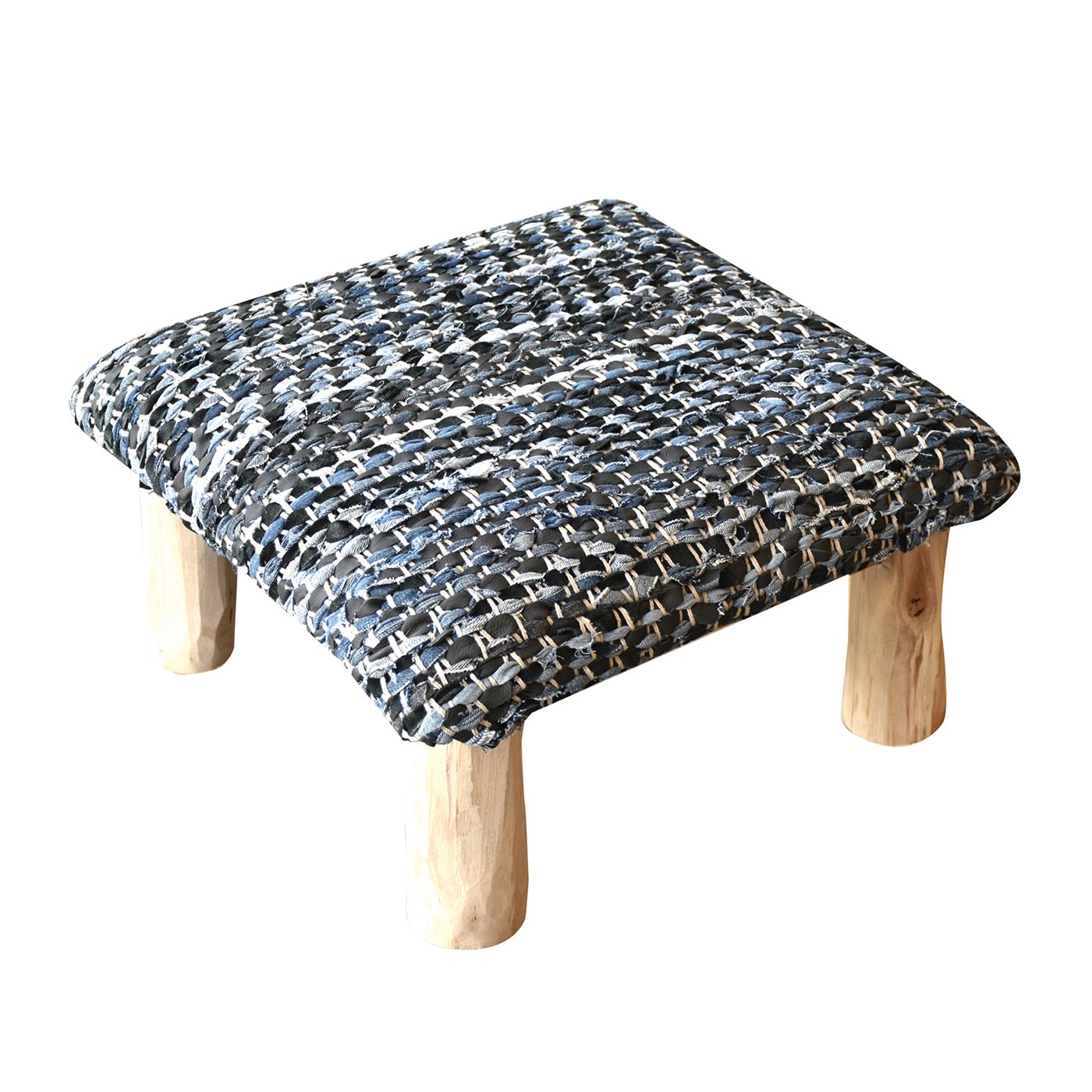 Atlas Foot Stool, Leather, Denim, Dark Blue, Pitloom, Flat Weave