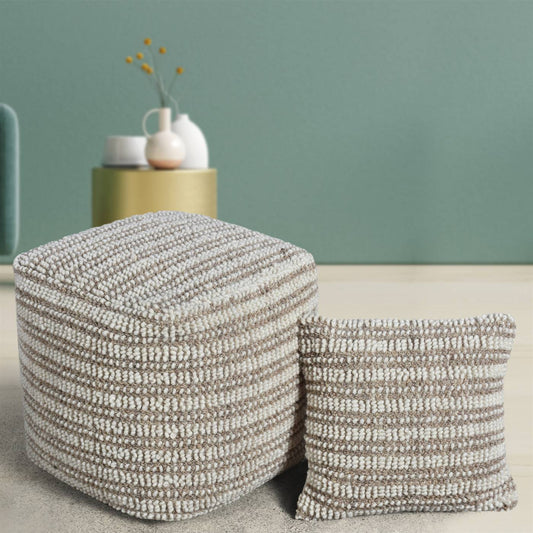 Audane Pouf, 40x40x40 cm, Natural White, Grey, Wool, Hand Woven, Handwoven, All Loop