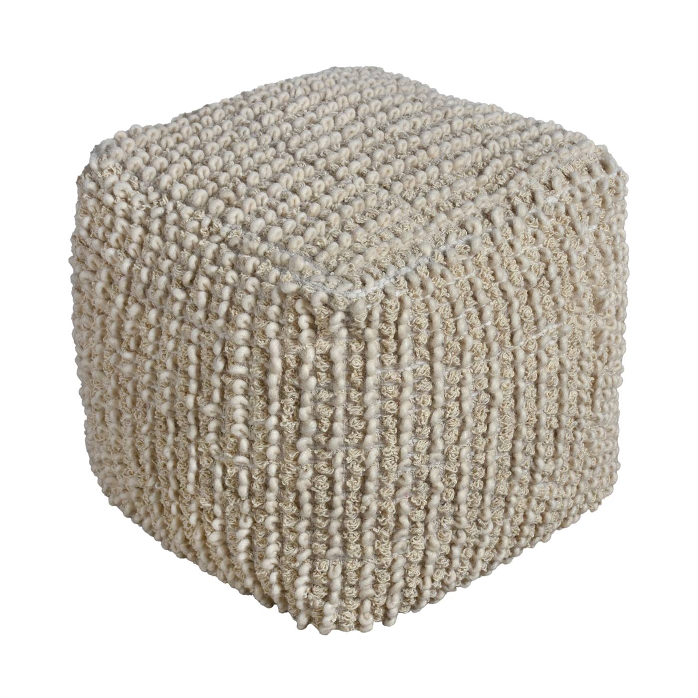 Avers Pouf, 40x40x40 cm, Natural White, Wool, Hand Woven, Pitloom, All Loop