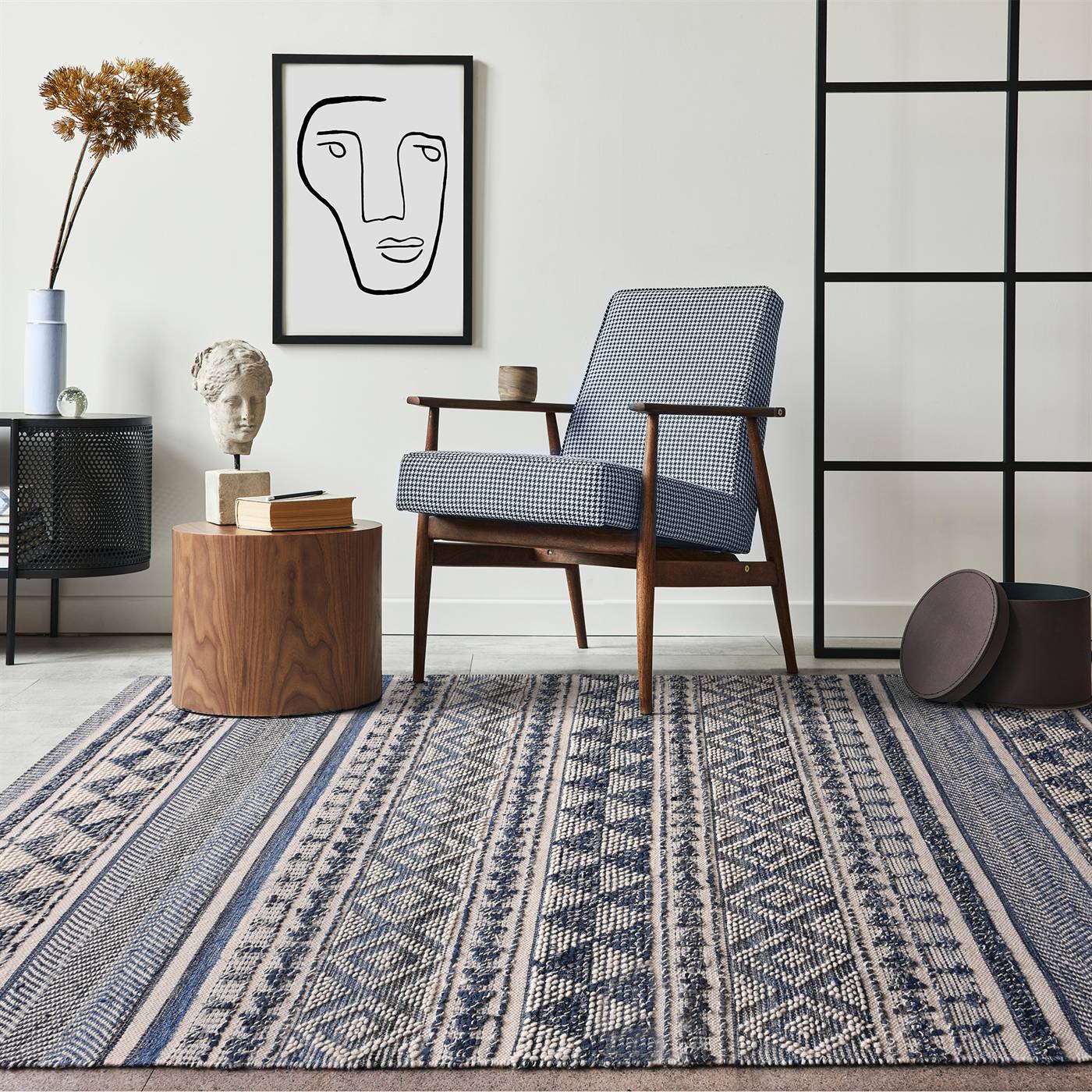 Area Rug, Bedroom Rug, Living Room Rug, Living Area Rug, Indian Rug, Office Carpet, Office Rug, Shop Rug Online, Blue, Natural White , Denim, Wool , Hand Woven , Pitloom, All Loop, Rustic