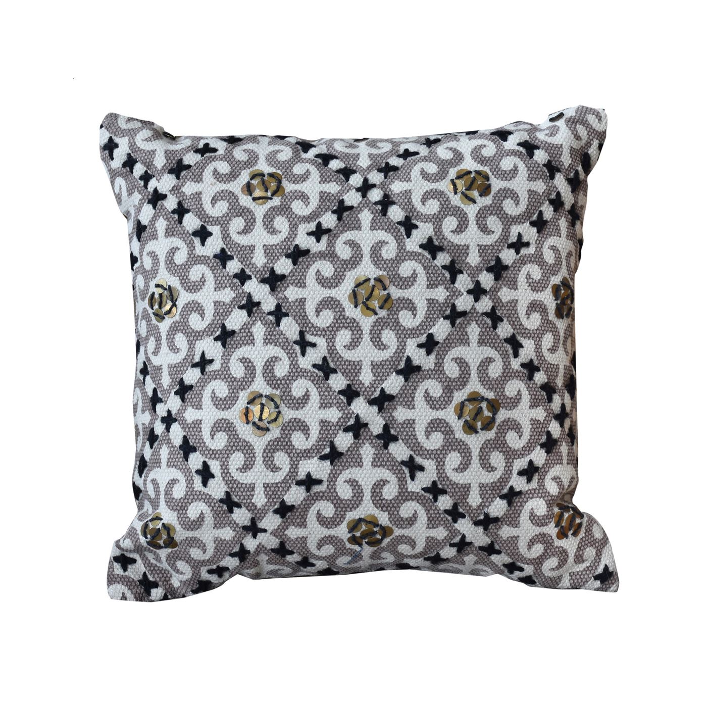 Baibin Pillow, Cotton, Printed, Metal Sequins, Taupe, Natural White