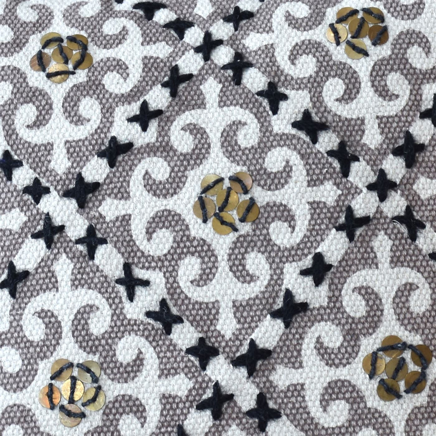 Baibin Pillow, Cotton, Printed, Metal Sequins, Taupe, Natural White