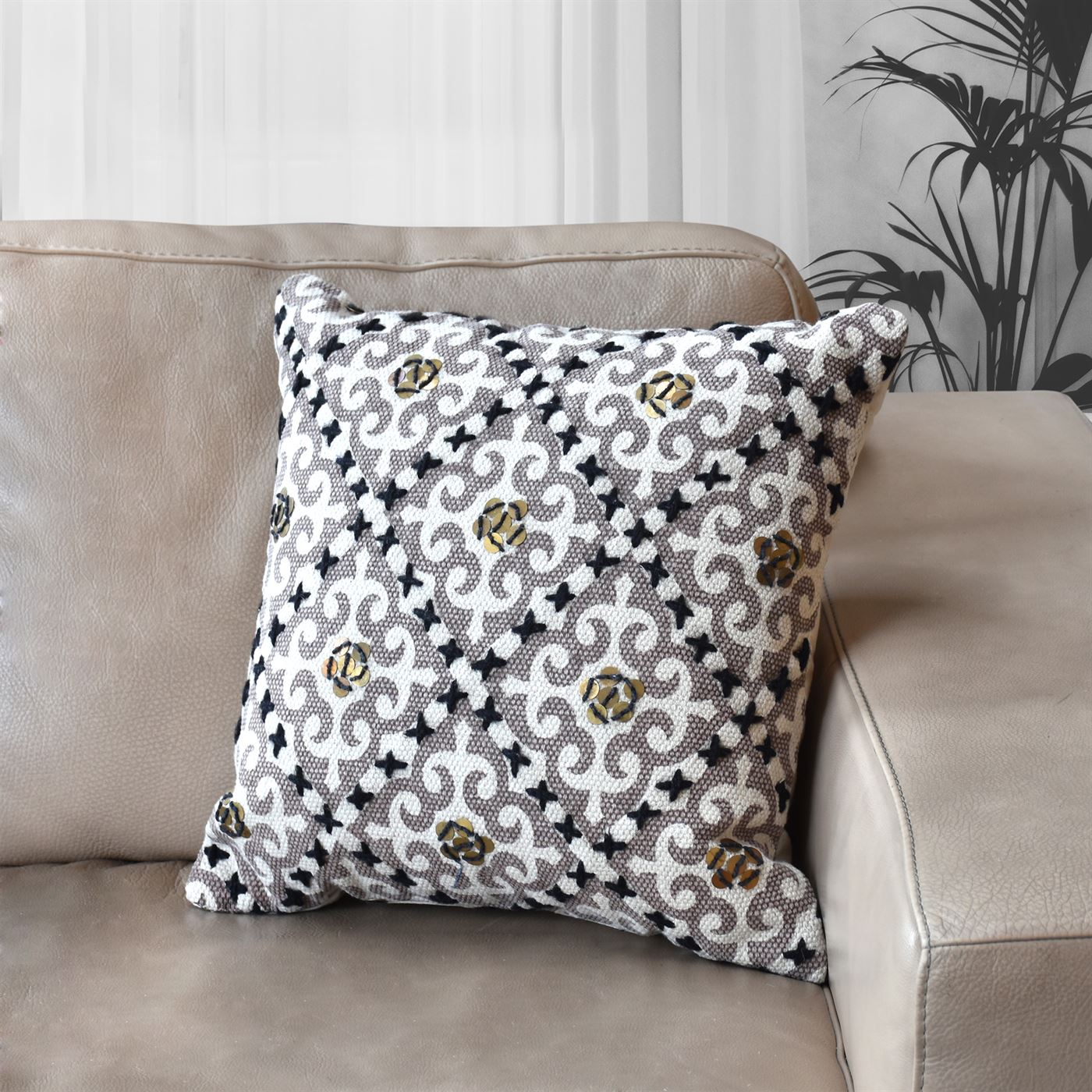 Baibin Pillow, Cotton, Printed, Metal Sequins, Taupe, Natural White