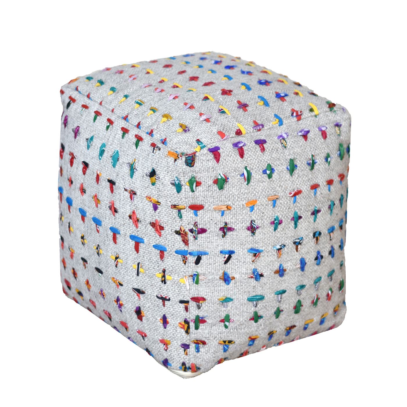 Banyard Pouf, Wool, Recycled Fabric, Grey, Multi, Pitloom, Flat Weave