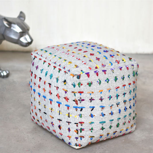 Banyard Pouf, Wool, Recycled Fabric, Grey, Multi, Pitloom, Flat Weave