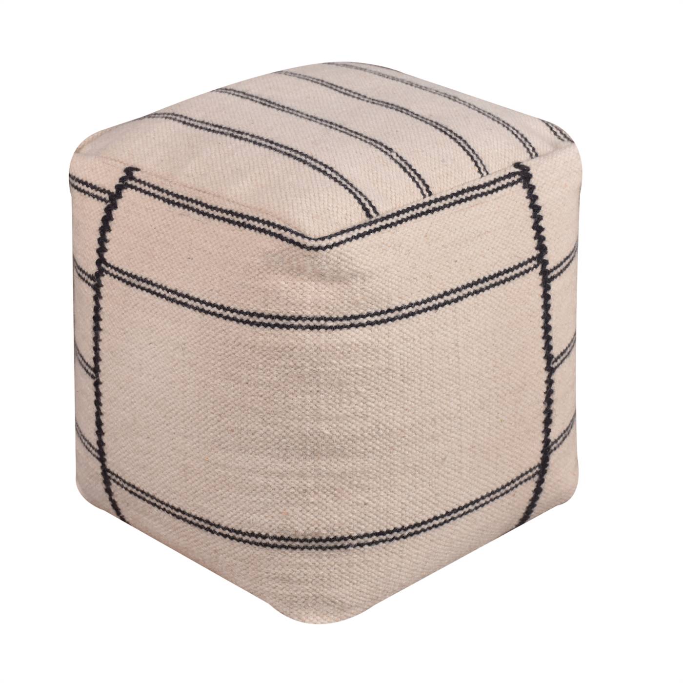 Barite Pouf, 40x40x40 cm, Natural White, Charcoal, Wool, Hand Woven, Pitloom, Flat Weave