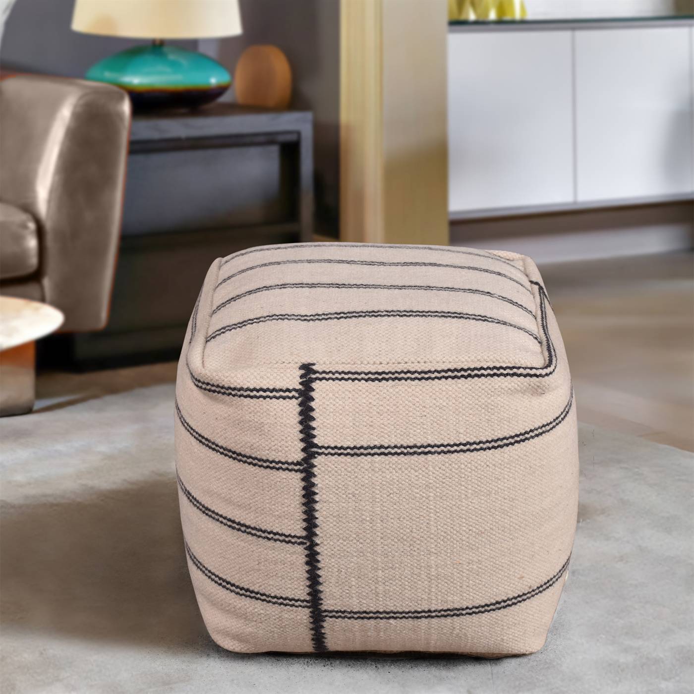 Barite Pouf, 40x40x40 cm, Natural White, Charcoal, Wool, Hand Woven, Pitloom, Flat Weave